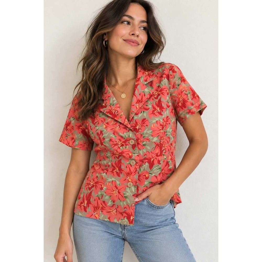 Sag Harbor Floral Short Sleeve Button Up Blouse Coral Red Tropical Lily Size 14